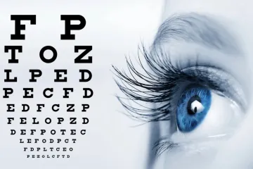 A Snellen eye chart beside a close-up of a blue eye with long lashes.