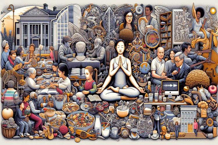 Collage illustration showing a person meditating at the center, surrounded by scenes of reading, cooking, playing music, and socializing, with educational and cultural institutions in the background.