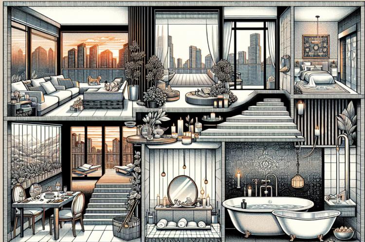 Illustration of a luxurious multi-level home with a modern living room, city-view bedroom, spa bathroom, and scenic dining area, showcasing a blend of urban and natural elements.