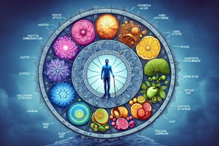 Illustration of a wheel divided into segments, each showing different aspects of a healthy lifestyle, with a person at the center and labels for positive attitude, sleep, nutrition, and physical activity.