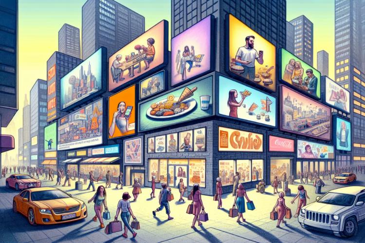 Illustration of a busy city street with numerous billboards advertising food, technology, fashion, and entertainment products, highlighting media influence on lifestyle.