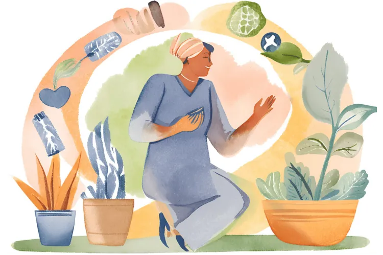 Person kneeling among potted plants with symbols and icons. Smiling and interacting with plants.