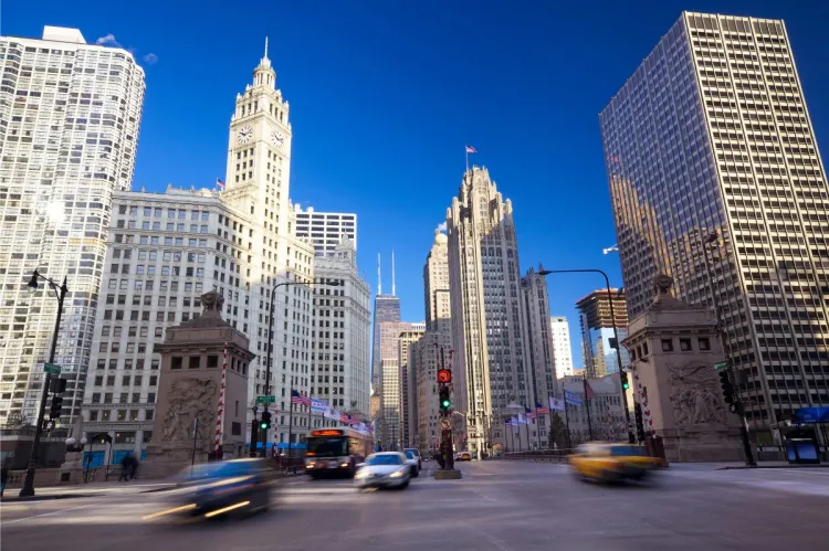 Chicago's Magnificent Mile with iconic buildings, including the Wrigley Building and Tribune Tower, under a clear blue sky