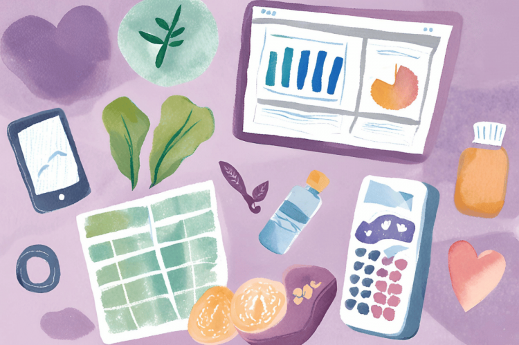 Various items on lilac background. Smartphone, leafy greens, tablet with charts, spreadsheet, calculator, water bottle, heart, tangerines.