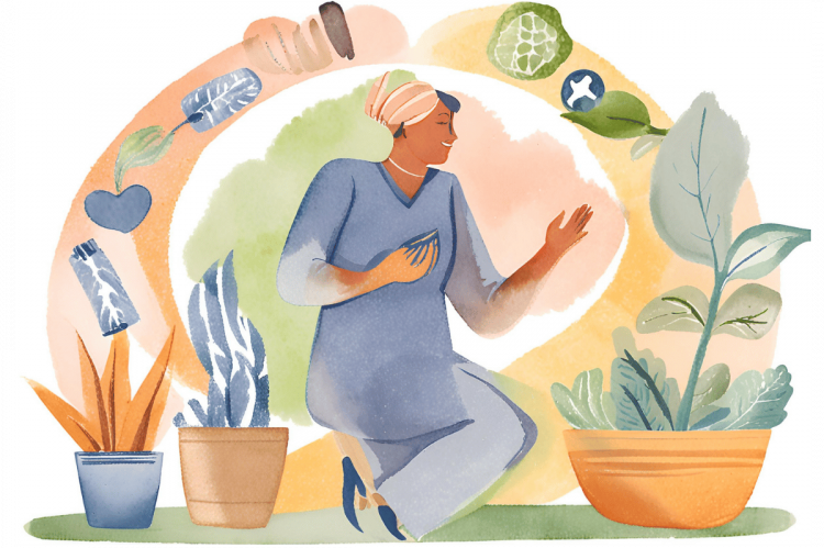 Person kneeling among potted plants with symbols and icons. Smiling and interacting with plants.