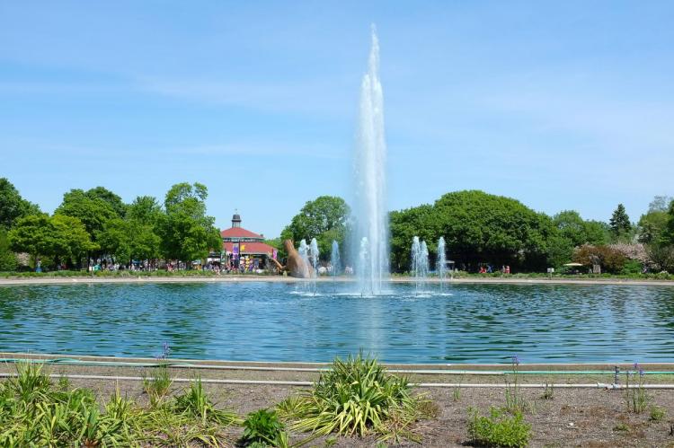 Roosevelt Fountain at Brookfield Zoo with water jets and a red-roofed building in the background.