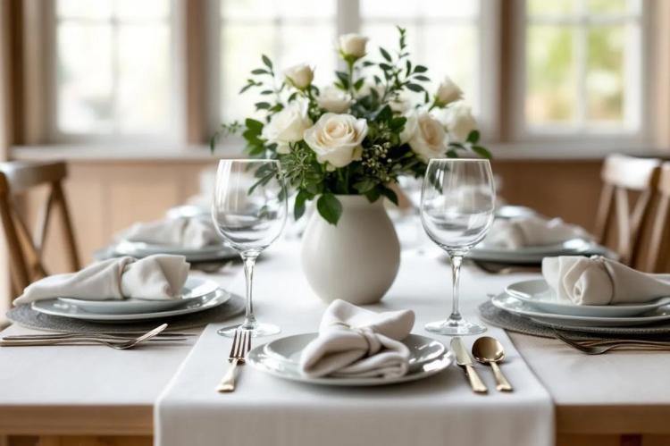 An elegantly set dining table with neatly arranged place settings.