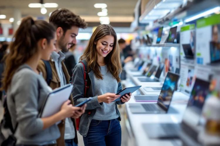 Students compare tablets and laptops at an electronics store counter.