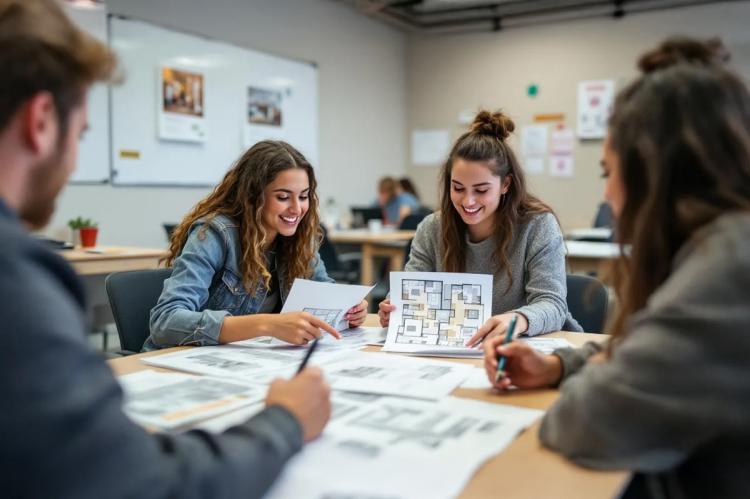 Students are gathered around a table, comparing various dorm room layouts and apartment options, discussing college dorm essentials and how to optimize space for dorm life. The atmosphere is filled with excitement as they plan for their next dorm room, considering storage solutions and decor ideas to create a cozy and organized living environment.