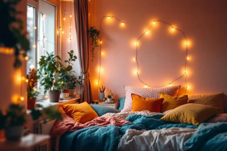 A cozy dorm room featuring string lights, lush plants, and colorful pillows creates a warm and inviting atmosphere, perfect for college life. This space is designed to reflect the comfort and essentials of dorm living, making it an ideal retreat for students.