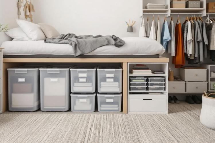 Organized dorm room with raised bed and clear under-bed storage bins beside an open wardrobe.