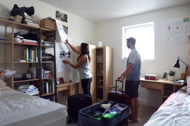 Two students unpack and hang posters in a small dorm room with shelves and desks.