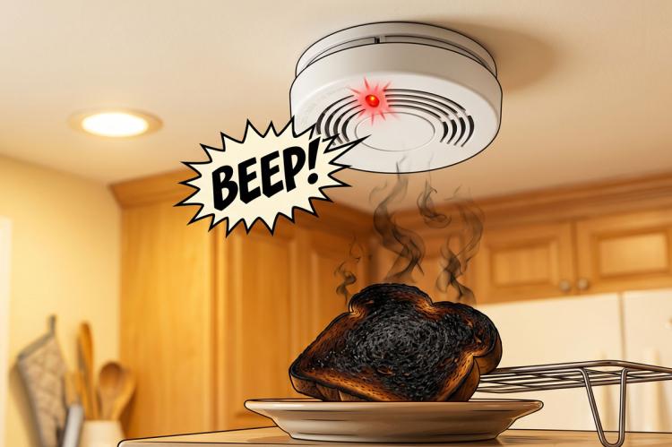 Smoke alarm beeping above a plate of burned toast producing smoke in a kitchen.