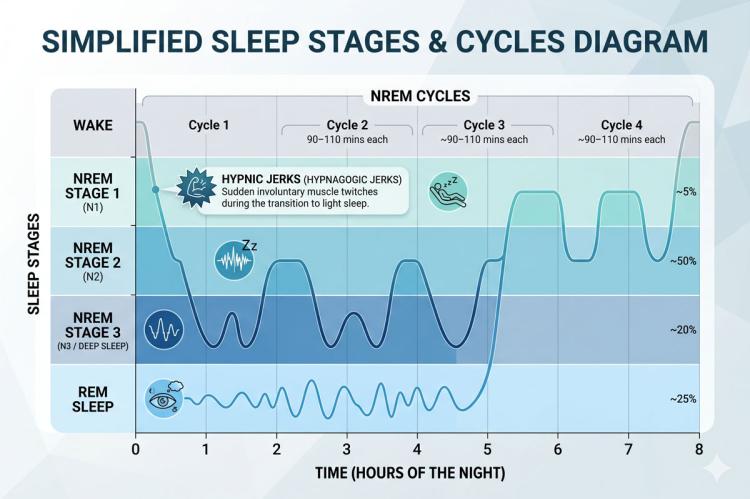 Diagram showing sleep cycles over eight hours, including NREM stages 1–3 and REM sleep across four cycles.