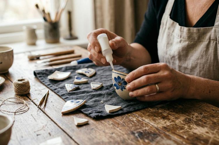 Woman trying to mend a broken cup with glue.