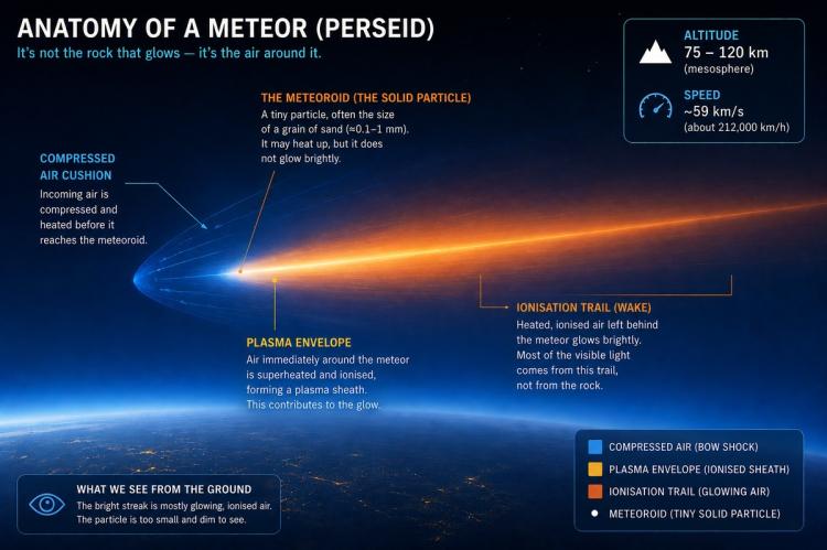 Diagram of a Perseid meteor showing a tiny meteoroid entering the atmosphere, surrounded by compressed air and plasma and leaving a bright ionised-air trail.
