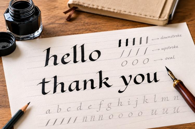 Beginner’s Foundational calligraphy practice featuring “hello” and “thank you” with basic letterform and stroke exercises.