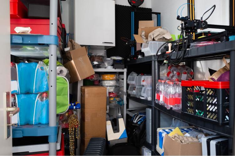 Home storage room with metal shelving units filled with boxes, plastic baskets, bottles, and items stacked up to the ceiling.