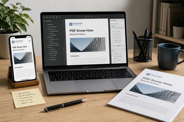 Laptop displaying a structured PDF alongside the same content on a smartphone and printed page, illustrating accessible digital and print document formats.