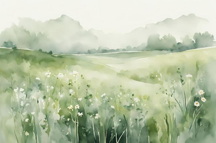 Green watercolour landscape of a wildflower meadow with rolling fields, trees, and hazy hills in the distance.