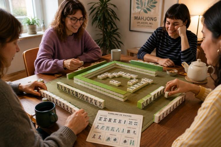 Four women sitting around a wooden table playing mahjong with green and white tiles; smiling and chatting, with cups of tea and a teapot, a mahjong poster on the wall behind them and a card showing the tile families in the foreground.