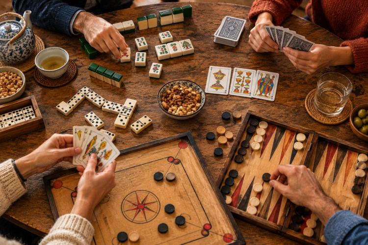 Overhead view of a wooden table set for an afternoon of games: mahjong tiles, dominoes, a Spanish deck of cards, a carrom board and a backgammon board, with several players' hands, a blue-and-white teapot and cup, and bowls of nuts and olives.