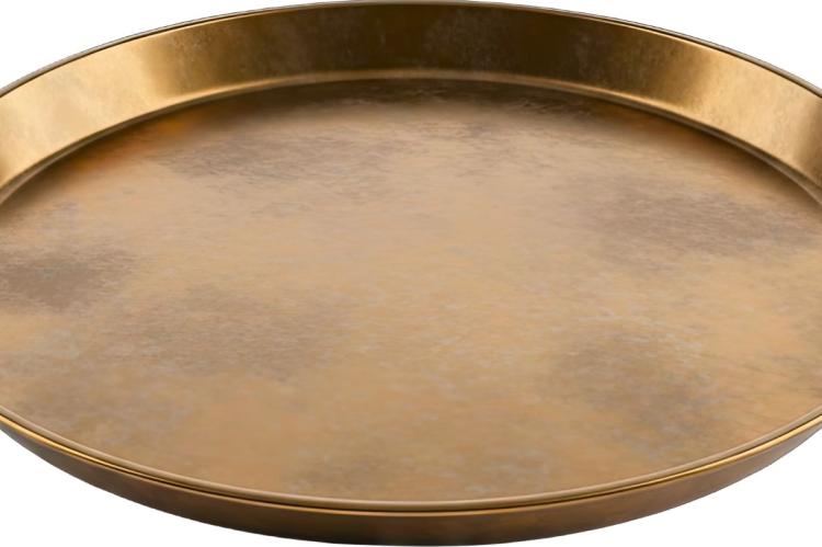 Round antique brass tray with a warm, aged finish and raised rim.