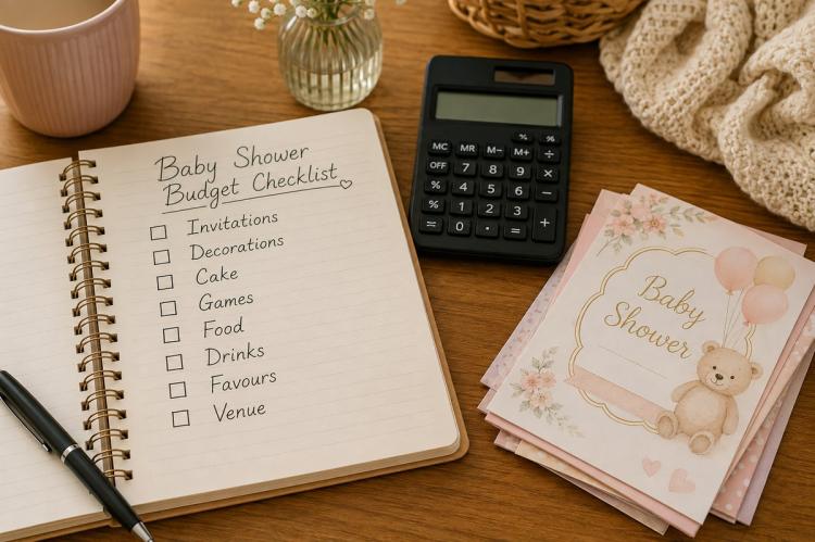 A notebook with a handwritten party budget beside a calculator and baby shower invitations.