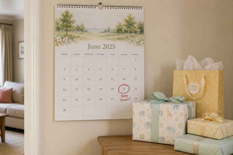 A wall calendar with a date circled, beside a small pile of wrapped baby shower gifts.