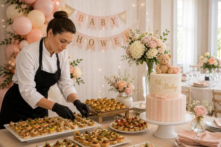 A caterer arranging canapés on a table beside a decorated cake at a baby shower.