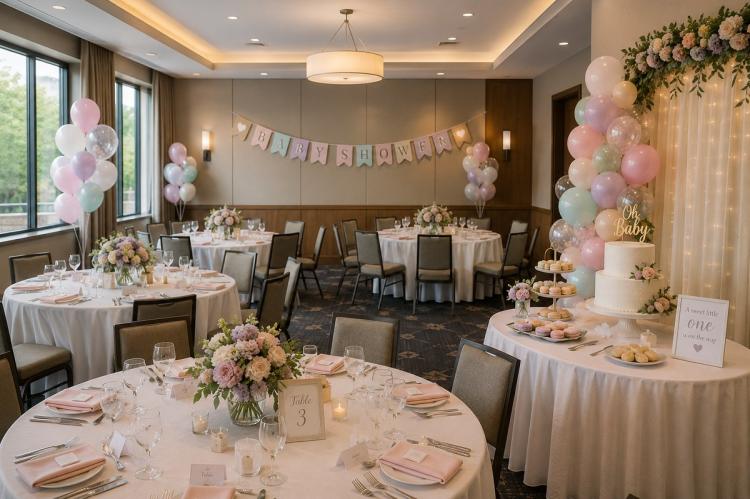 A private function room laid out with round tables, pastel decorations and a cake table for a baby shower.