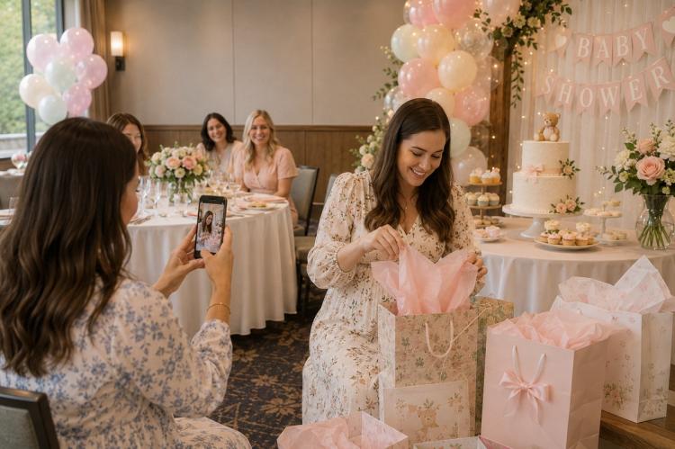 A guest photographing the guest of honour opening a gift at a baby shower.