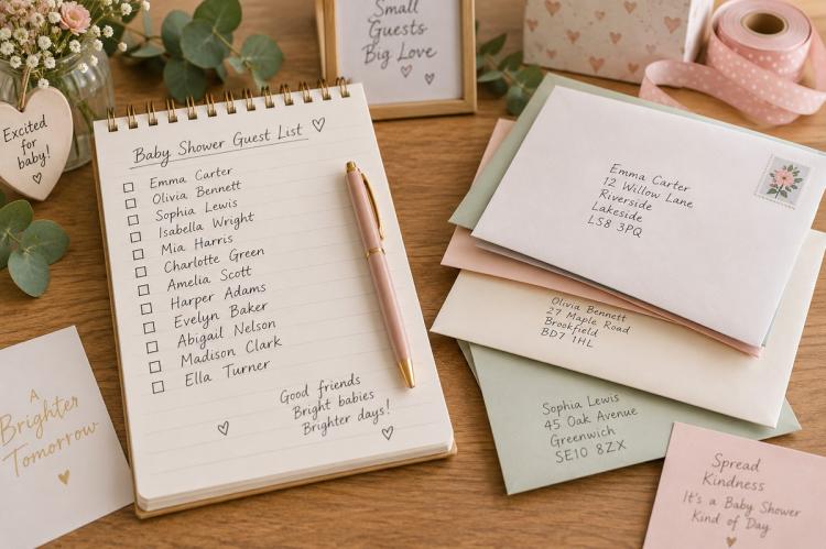 A handwritten guest list on a notepad beside a stack of addressed invitation envelopes.