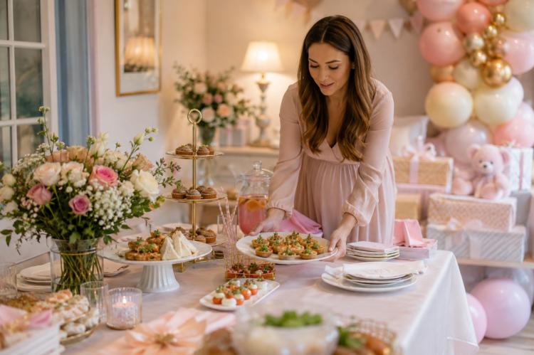 A host arranging plates of food on a decorated table before guests arrive at a baby shower.