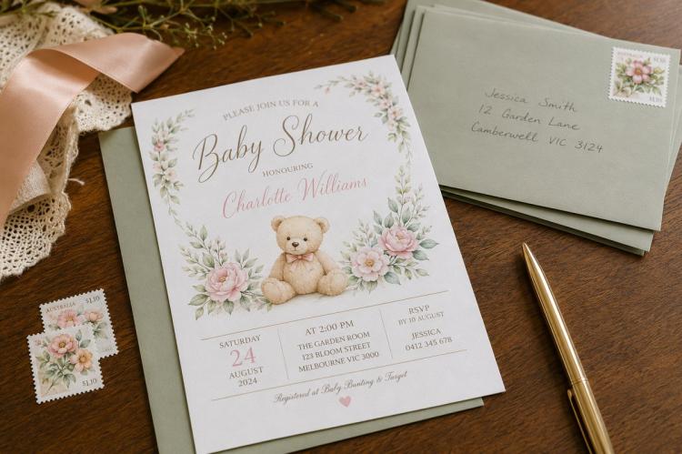 A printed baby shower invitation on a desk beside envelopes, a pen and stamps.
