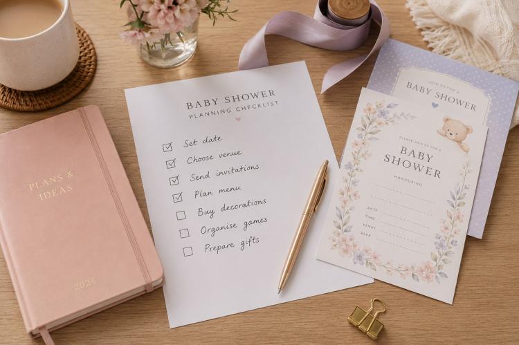 A planning checklist, pen and diary laid out beside baby shower invitations and ribbon.