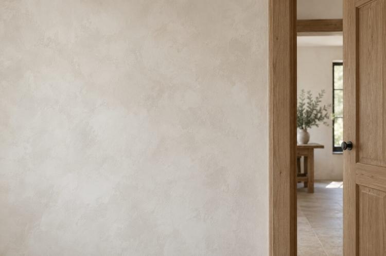 Pale limewashed wall with cloudy tonal variation beside a natural timber doorframe.