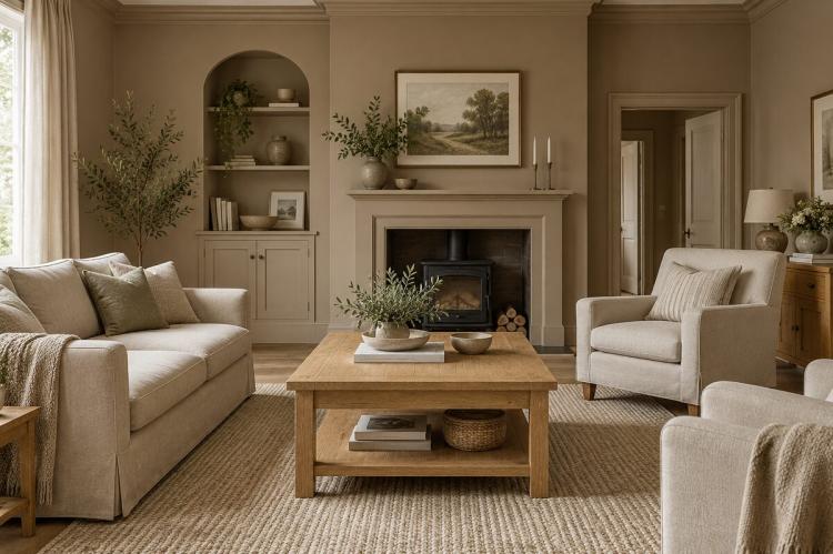 Warm taupe sitting room with oak furniture and natural linen upholstery.