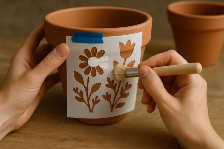 Floral design being stencilled onto a terracotta plant pot with a brush.