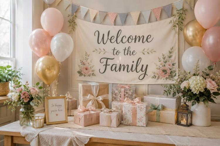 A welcome banner and gifts arranged on a table for a party celebrating a child joining a family.