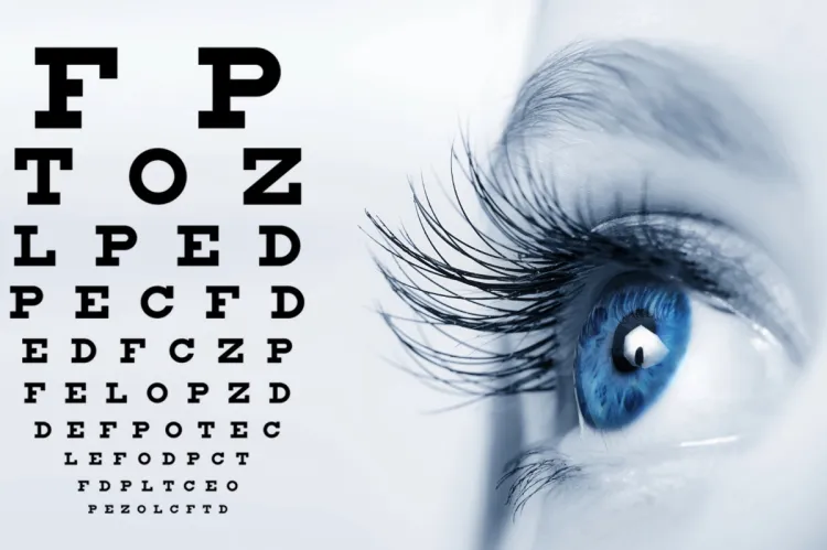 A Snellen eye chart beside a close-up of a blue eye with long lashes.