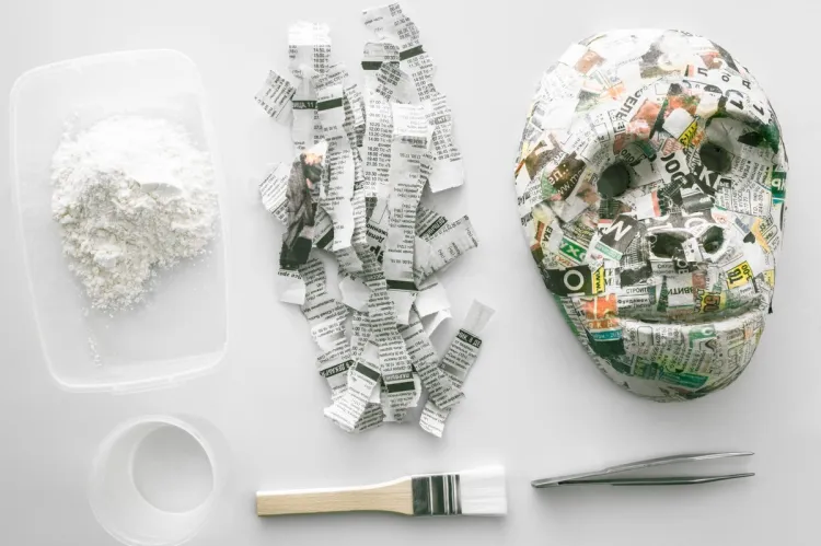 Flat lay of papier-mâché supplies on a white surface: a tub of flour paste, torn strips of newspaper, a finished newspaper mask, a water pot, a brush and tweezers.
