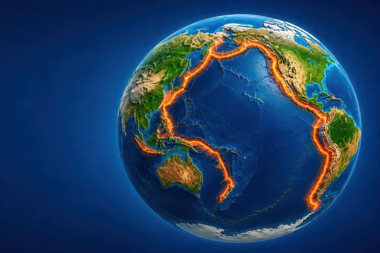 An illustration of the Earth seen from space with the Pacific Ring of Fire glowing in orange along the tectonic plate boundaries that rim the Pacific Ocean, from the Americas through Asia and Oceania.