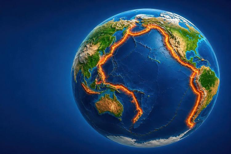 An illustration of the Earth seen from space with the Pacific Ring of Fire glowing in orange along the tectonic plate boundaries that rim the Pacific Ocean, from the Americas through Asia and Oceania.
