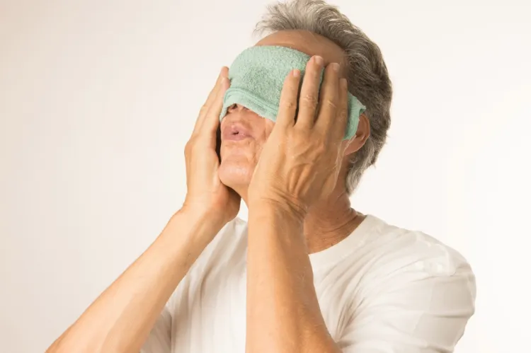 A man holding a folded warm cloth across his closed eyes with both hands.