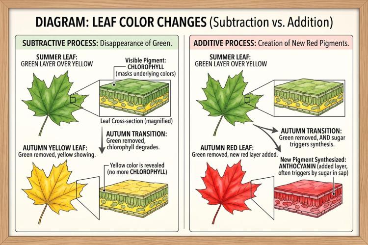 An illustrated diagram comparing two autumn leaf-colour processes side by side: on the left, the subtractive process in which green chlorophyll breaks down to reveal an underlying yellow layer; on the right, the additive process in which green is lost and new red anthocyanin pigment is synthesised, each shown with a maple leaf and a magnified leaf cross-section.