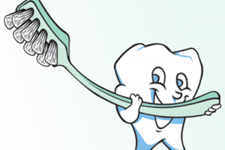 Drawing of a smiling molar with a toothbrush.