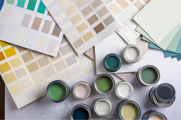 Array of paint color swatches and open paint cans in various shades, laid out for interior design planning.